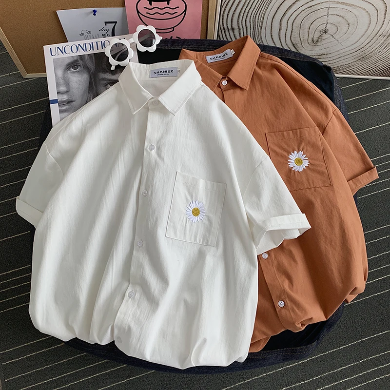 

Рубашка мужская хлопковая однотонная, повседневная, с цветами, в японском стиле Харадзюку, модная классическая с короткими рукавами, лето 2020