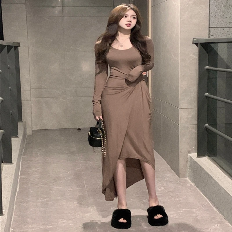 

2022 Autumn New Chestnut Brown Waist Hip Gentle Slim Dress Sexy Hot Girl Temperament Free Shipping