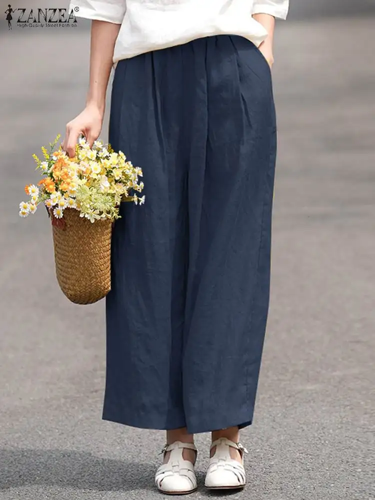 

Брюки ZANZEA женские с эластичным поясом, винтажные повседневные однотонные длинные брюки с широкими штанинами, элегантные модные уличные брюки, 2023