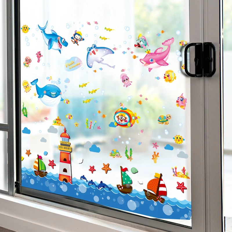 

[shijuekongjian] Marine Fish Wall Stickers DIY Lighthouse Boats Wall Decals for Kids Rooms Baby Bedroom Bathroom Home Decoration