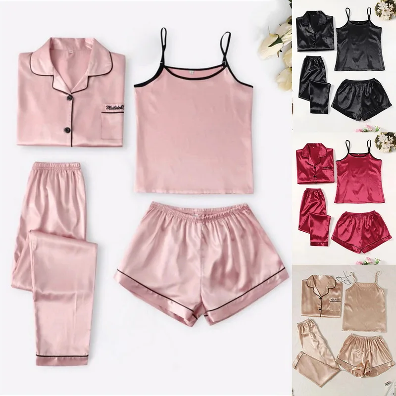 

4pcs Pjamas Set Sleepwear Women Sexy Lingerie Satin Nightie Woman Cami Top And Shorts Pijama Sexy Mujer Nightwears For Ladies
