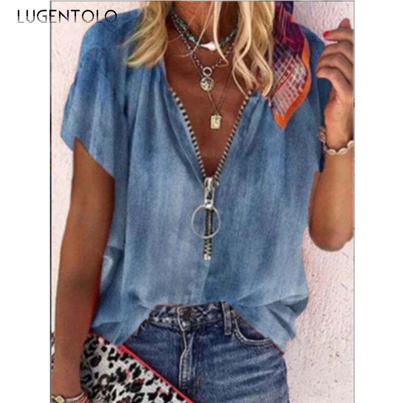 

Women Summer Short Sleeve T-shirt V-neck Zipper Loose Casual Tee Blue Print Top Female Loose Pullover Simple T-Shirts