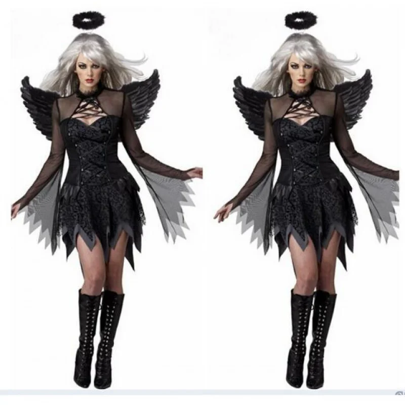 Women Sexy Dark Angel Costume Adult Halloween Cosplay Party Raven Black Fallen Angel Fancy Dress with Halo & Wing new.