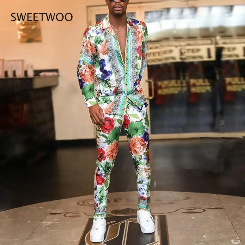 Men's Sets Autumn American Graffiti Print Suit Collar Shirt Slim Fit Casual Pencil Pants Streetwear Men Clothing Set