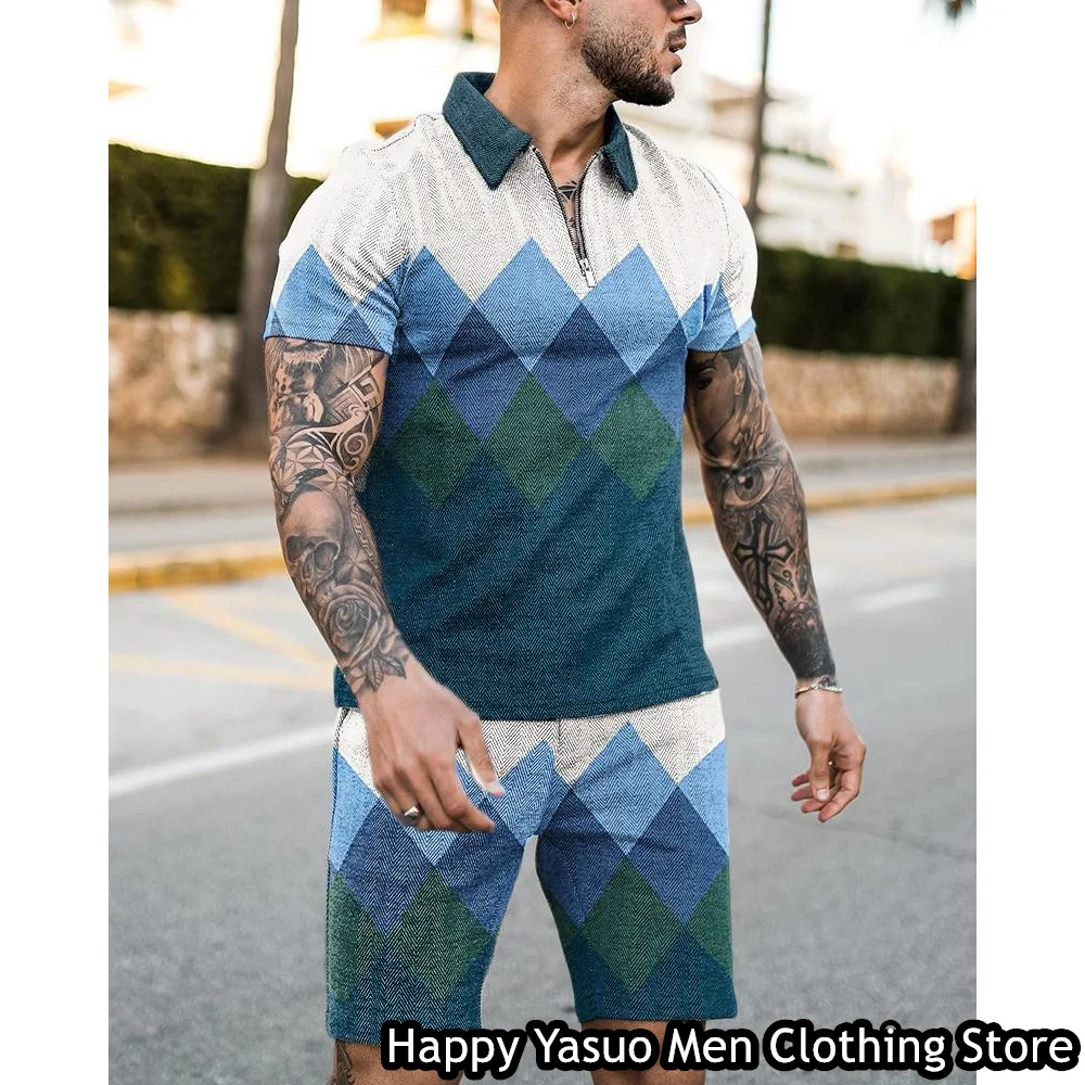 New IN Summer Men Luxury Polo Shirt Set 2 Pieces Casual Tracksuit Fashion Outfit Male Suit 3D Vintage Plaid Printed Clothing