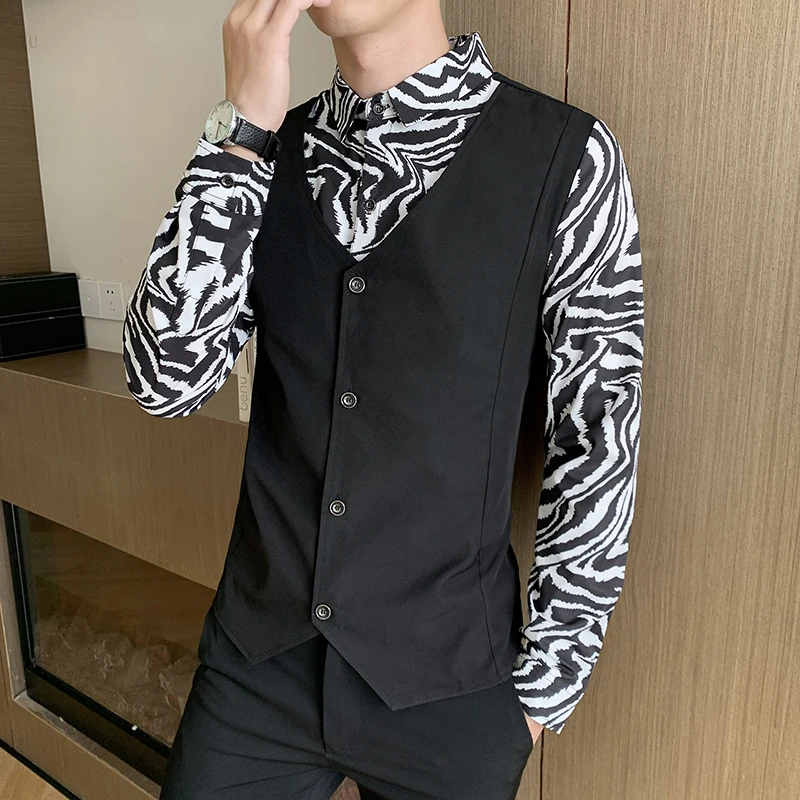 

2023 Spring Men's Shirts Zebra Pattern Long-sleeved Slim Fake Two Shirts Casual Social Party Waiter DJ Streetwear Men Clothing