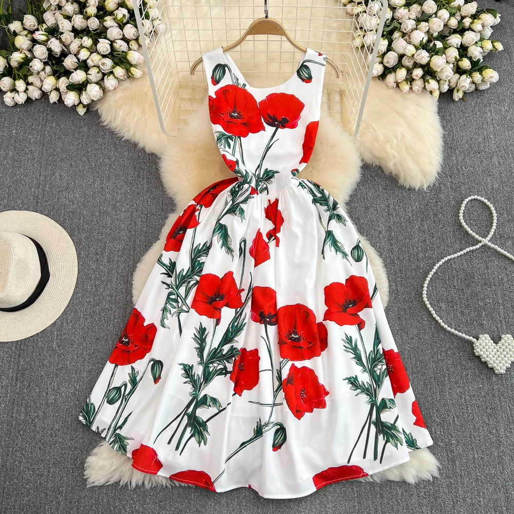 

Clothland Women Elegant Floral Midi Dress O Neck Sleeveless A Line One Piece Female Chic Casual Dresses Vestido QB783