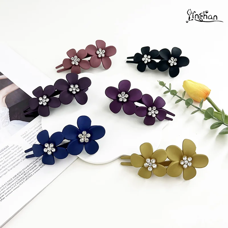 

Lin Shan New Diamond-Encrusted Double Flower Duck Beak Clip Korean Vintage Back Head Pan Hair Shark Clip Frosted Flower Hairpin