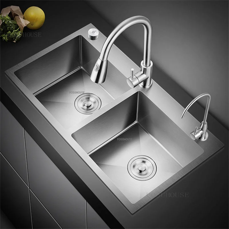 

Kitchen Sink 304 Stainless Steel Double Sink Bowl Home Kitchen Above Counter Dish Washing vegetable Basin Kitchen Sink Divider A