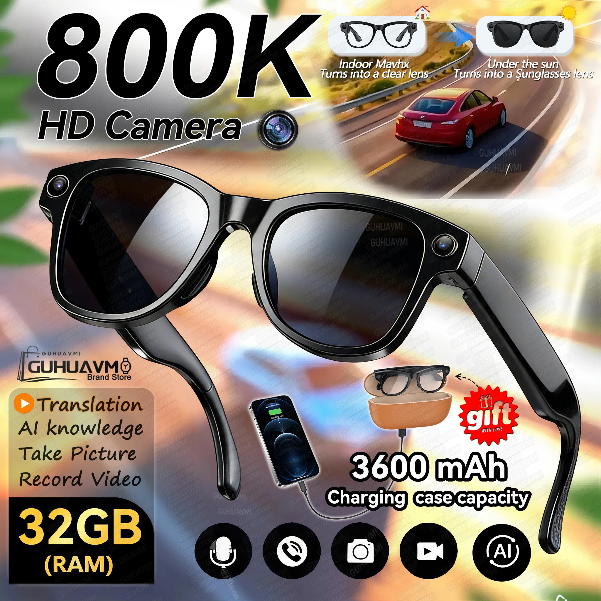 Фото Новые умные очки для камеры 800 Вт, 4 КБ HD, мужские очки 3600 мАч, внешний аккумулятор 100 + языки, 32 ГБ, фотозапись, видео, очки для музыкальных вызовов №1