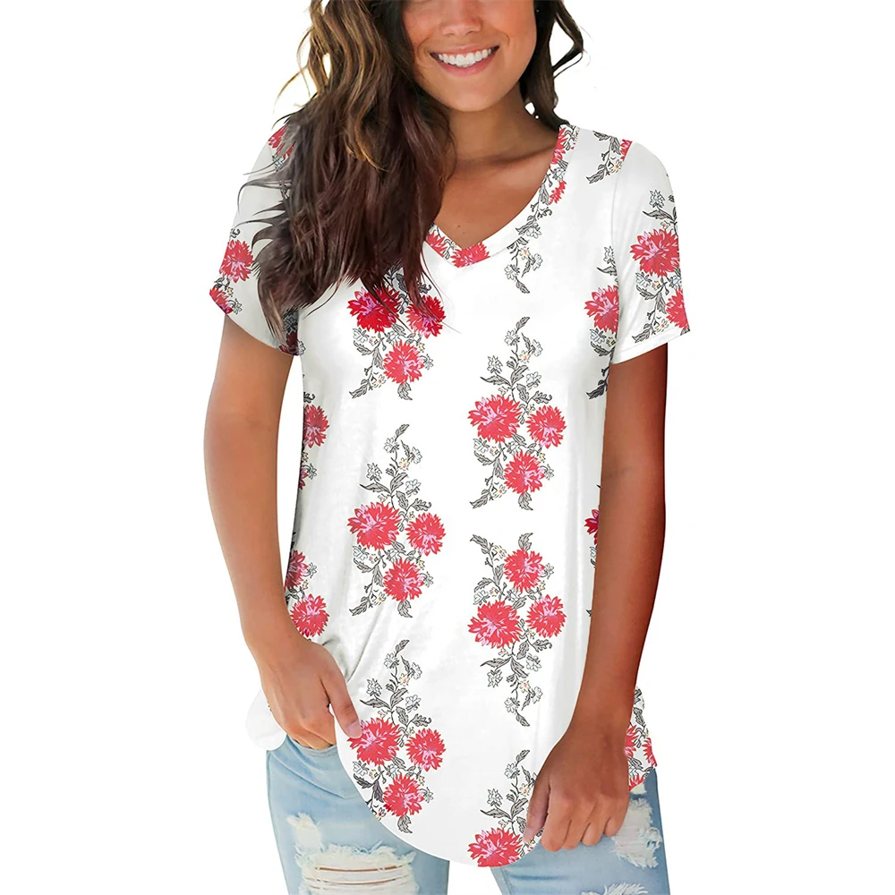 

New Summer Ladies T-Shirts Floral Graphics Streetwear Women's Short Sleeve Tops 6xl V-Neck Oversized Clothing Girls TShirts 2023