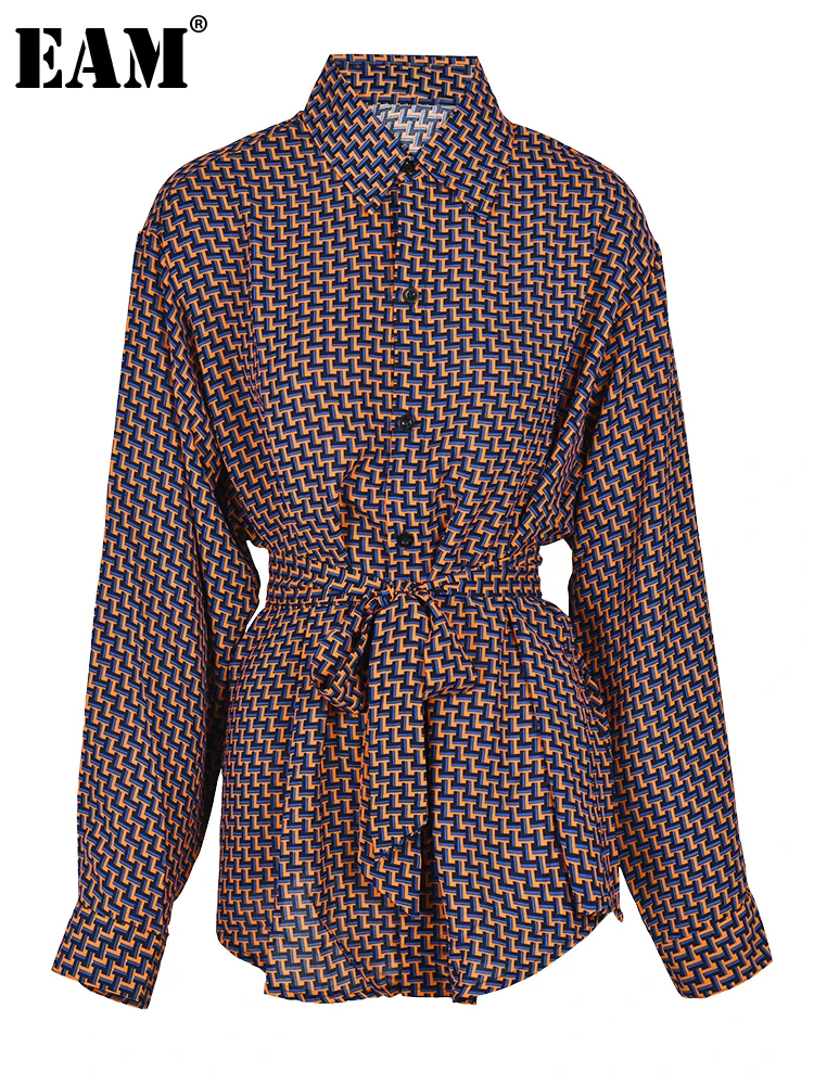 

[EAM] Women Orange Striped Big Size Casual Blouse New Lapel Long Sleeve Loose Fit Shirt Fashion Tide Spring Autumn 2023 1DF7444