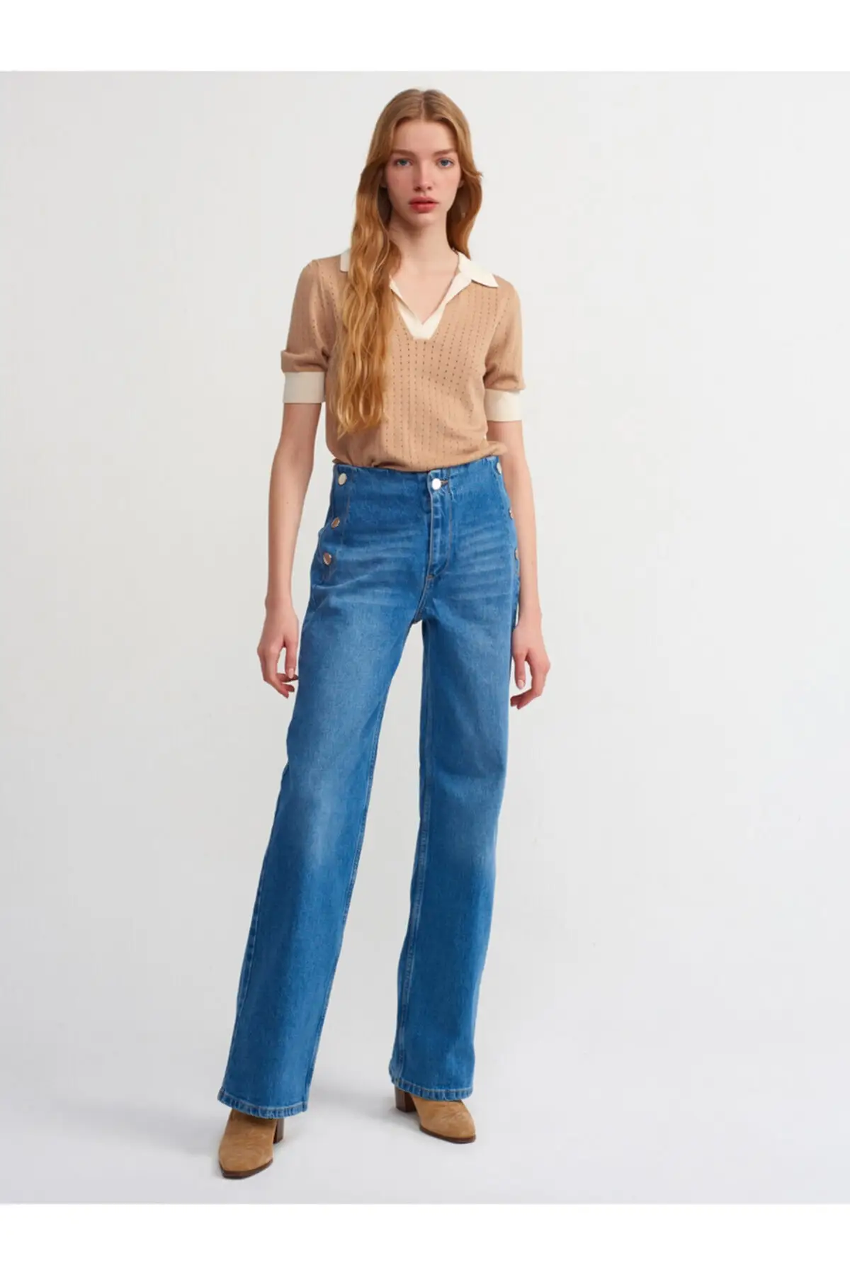 

Women's Jean forks Trousers With Side Part Accessory Straight Pant Jeans Buttons Zipper Ladies Trouser