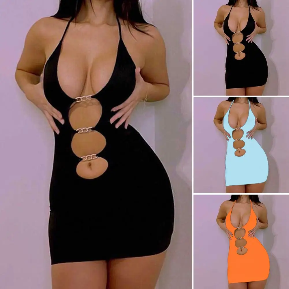 

Women Sexy Sleeveless Hollow Out Mini Dress Summer Halter Solid Slim Ladies Sheath Dress Lace-Up Sweet Streetwear Dropshipping
