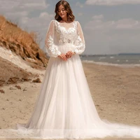 elegant o neck wedding dress with button bow 2022 beach a line bride gown long sleeve lace appliques boho train vestido de noiva