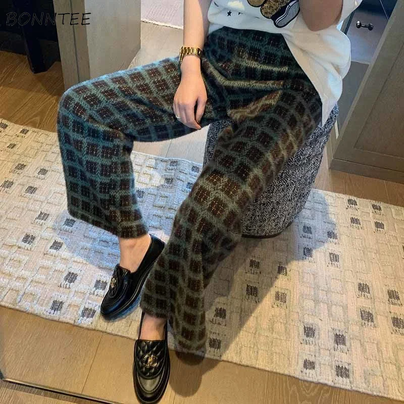 

S-4XL Pants Women Loose Plaid High Waist Chic Korean Style Thick Green Basic Wide Leg Trousers Fashion Autumn Winter Pantalones
