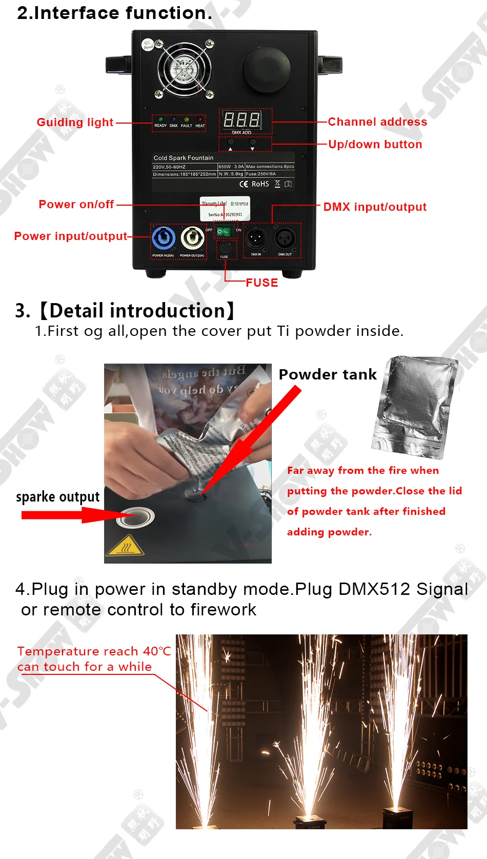 VSHOW CSF650 650 Вт мини-фейерверк DMX512 с управлением 4 шт. фотовспышкой холодный фонтан
