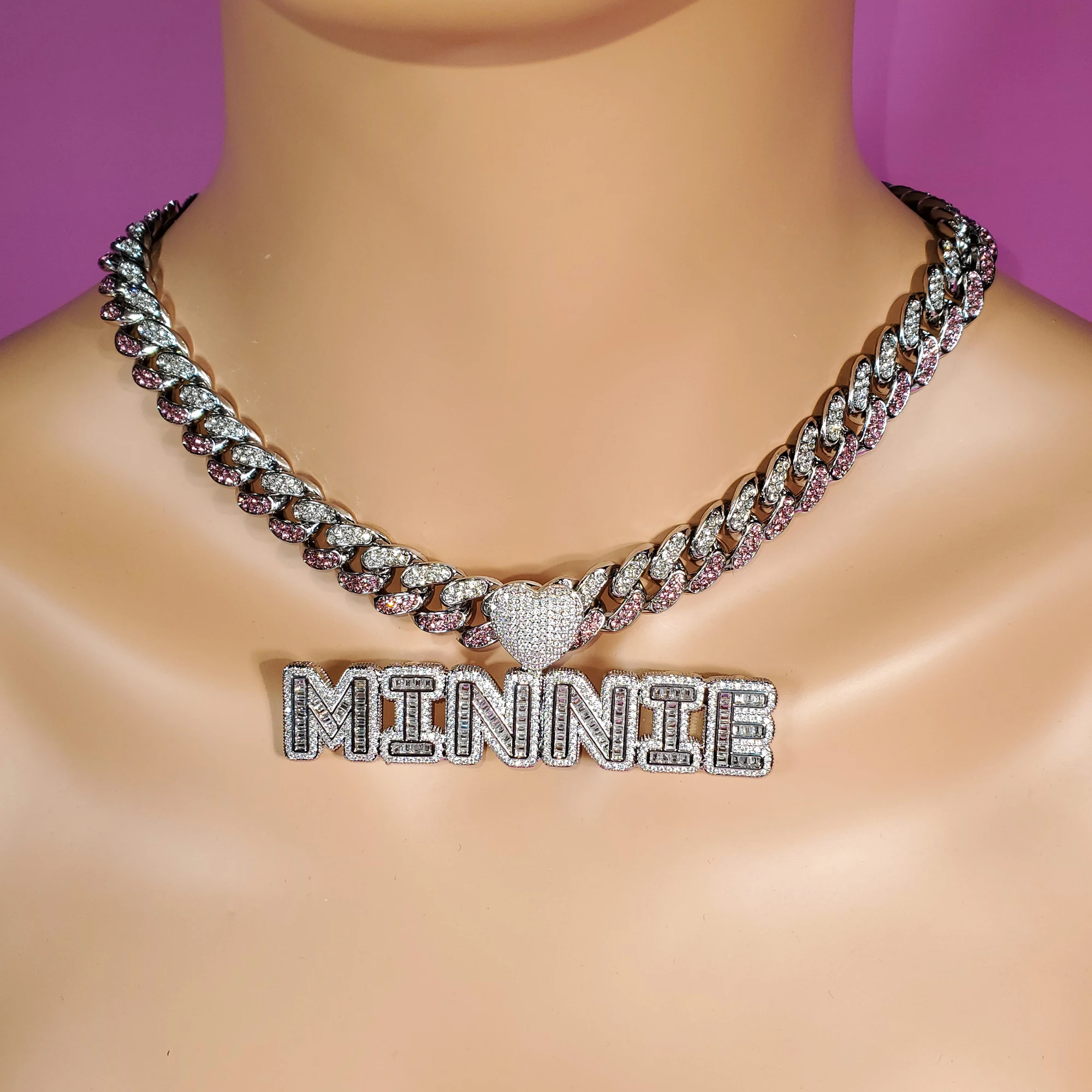 Icy Baguette Letters Nameplate with Heart Bail Custom Name Chain, Popular Personalized Women's Jewelry, Birthday Gifts for Her