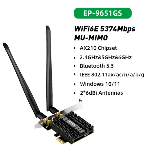EDUP WiFi6E Intel AX210 PCIE WiFi Adapter 5374Mbps Bluetooth5.3 WiFi сетевая карта 2.4G/5G/6GHz PCI Express 802.11AX с MU-MIMO