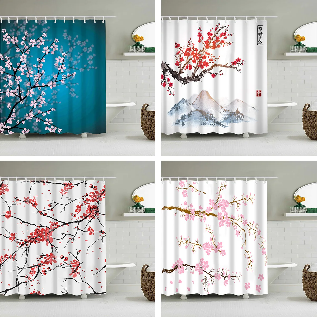

Японская занавеска для душа с цветами вишни, водонепроницаемая сине-розовая декоративная занавеска с перегородками, украшение для дома