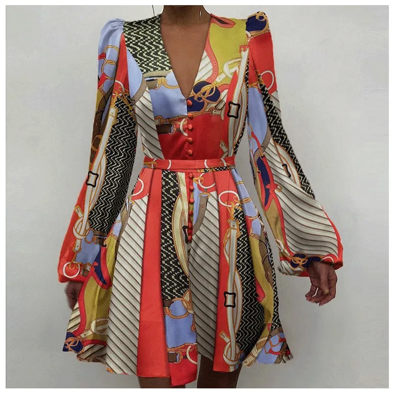 

Women Silk Dress 2022 Satin Mini Robe Summer Casual Elegant Party Evening Lantern Sleeve V Neck Letters Print Dresses Vestidos