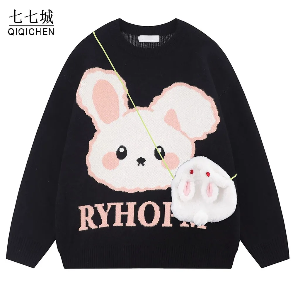 

College style Knitted Sweater Men women with Bags Casual Japanese rabbit Print Pullover Autumn Sweaters Hip Hop Jumper Couple
