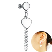 1pc trendy stainless steel silvery heart pendant stud earring women men unisex jewelry punk tassels dangle piercing earrings