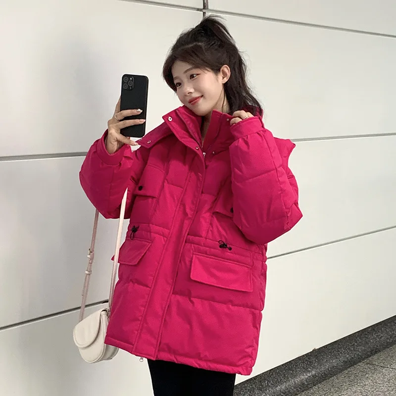 Tooling Thick Padded Winter Jacket Coat Down Cotton Women Short Style Drawstring Loose Hooded Female 2022 New Winter Clothes