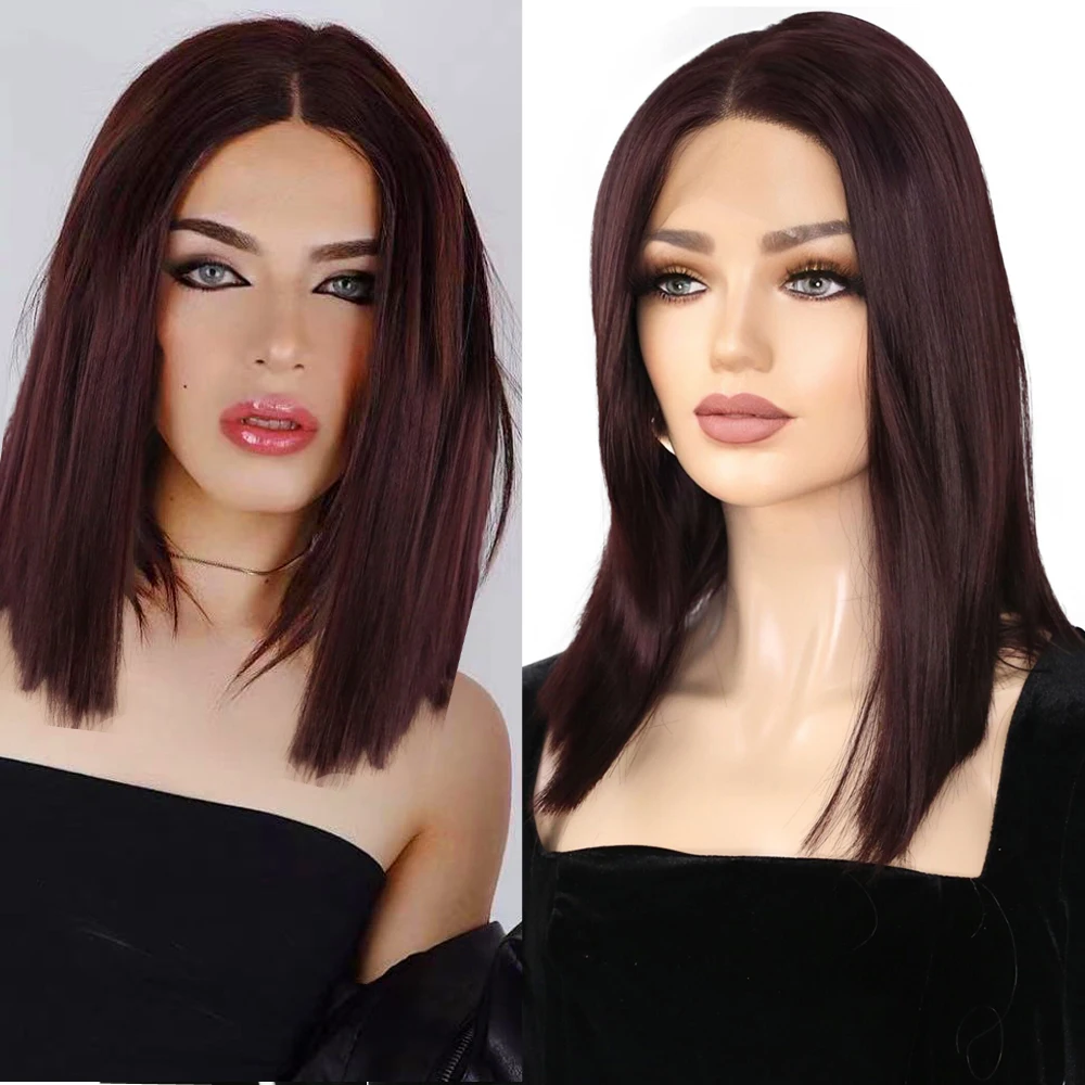 

Short Bob Wig Synthetic Lace Wigs Straight Hair For Women Dark 99J Wine Red Color Daily Middle Part Bob Lace Wig red wig