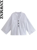 xnwmnz 2022 women fashion buttoned linen top retro long sleeve v neck pockets female chic top