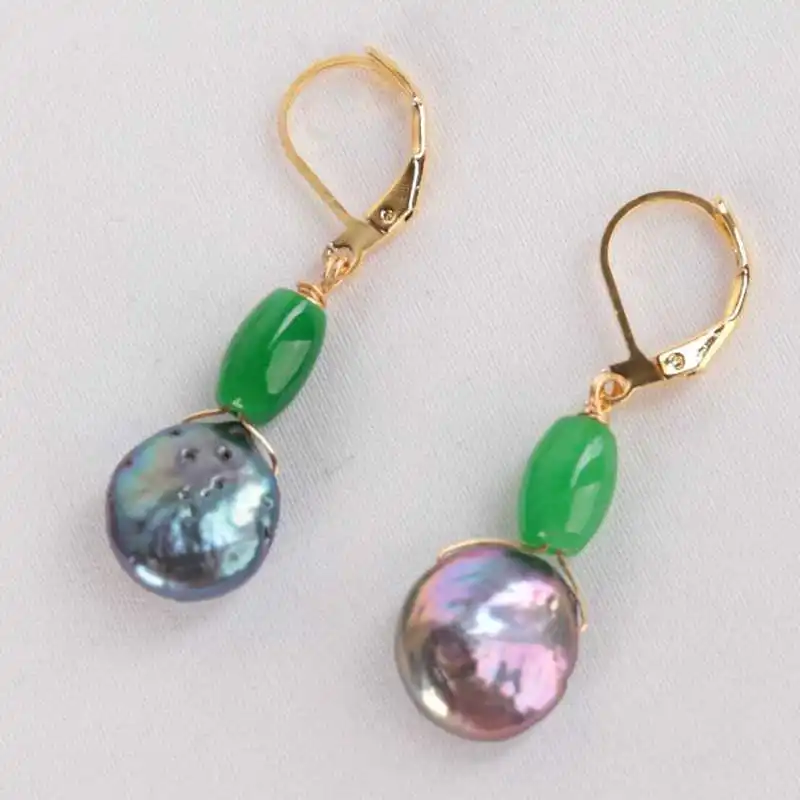 Серьги ручной работы с синим павлином и жемчугом в виде монет пресной воде