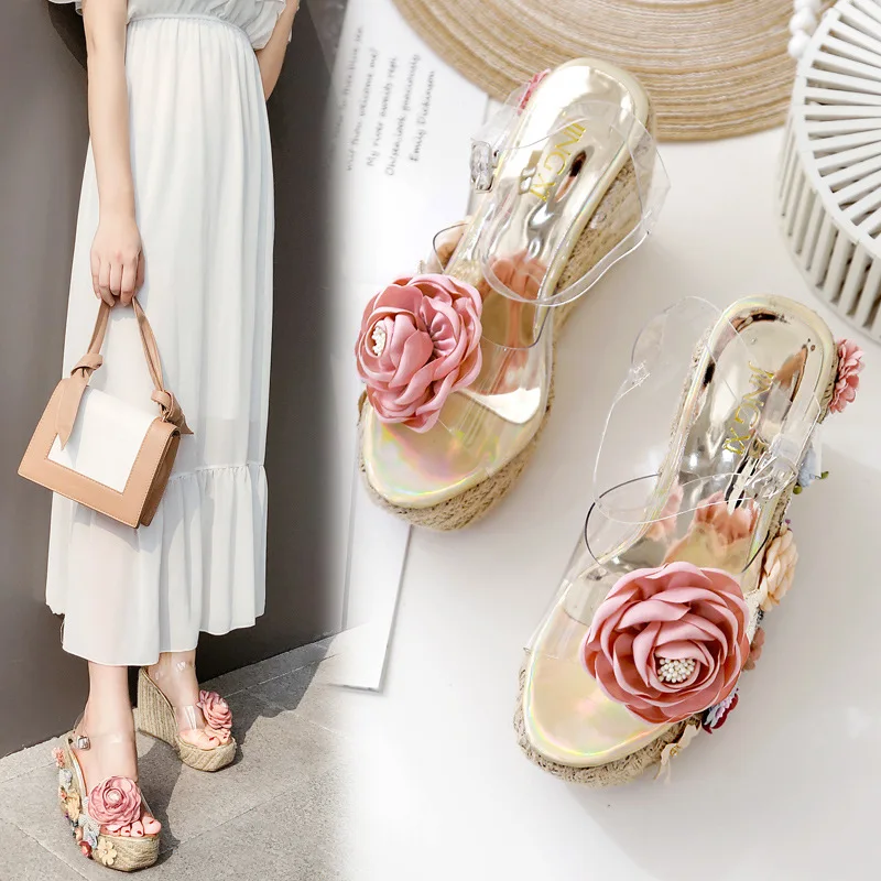 

Low Shoes Ladies' Slippers On A Wedge Platform Flower Glitter Slides Jelly Hoof Heels Rome Crystal PVC Rubber Floral Fabric