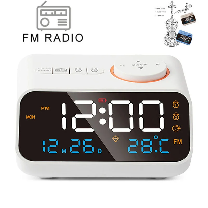 

Mordern FM Radio LED Alarm Clock for Bedside Wake Up. Digital Table Calendar with Temperature Thermometer Humidity Hygrometer.