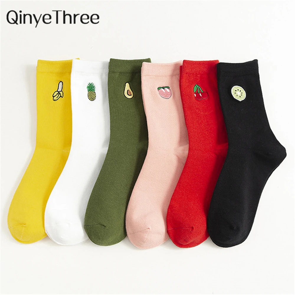 INS Girls Embroidery Cute Cartoon Fruit Avocado Banana Cherry Peach Kiwi Pineapple Socks Japanese Korean Harajuku Funny Sox