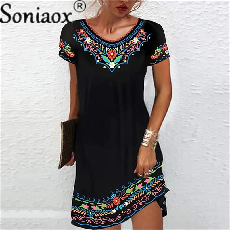 

Women Boho Print Midi Dress Summer Sexy O-Neck Short Sleeve Ethnic Style Dresses Ladies Fashion Beach Casual Holiday Sundress