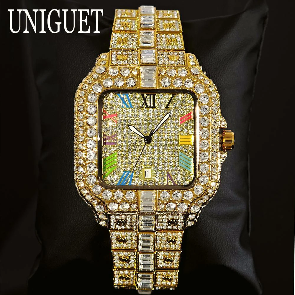 Фото UNIGUET Роскошные ледяные часы для мужчин, модные цветные римские литературные квадратные часы, мужские ювелирные часы в стиле хип-хоп с бриллиантами, наручные часы Reloj №1
