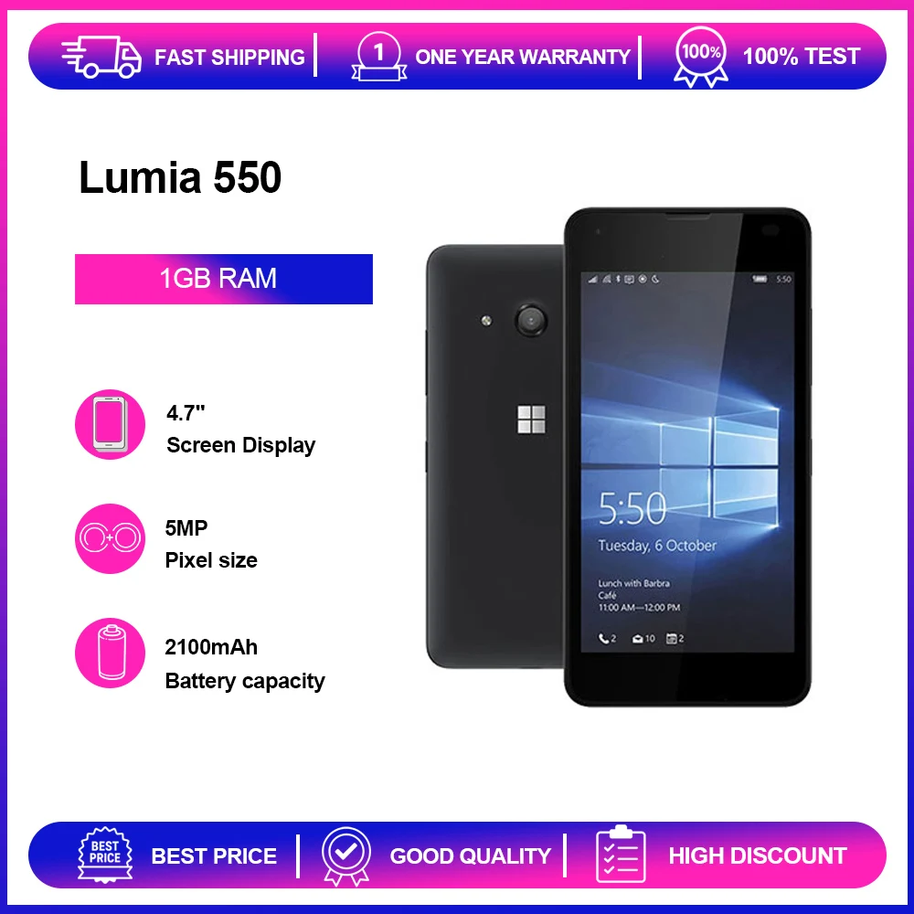 Фото Разблокированный восстановленный телефон Lumia 550, 5 МП, 4,7 дюйма, 8 ГБ, 1 ГБ ОЗУ, GSM 900/1800, 2100 мАч, Bluetooth №1