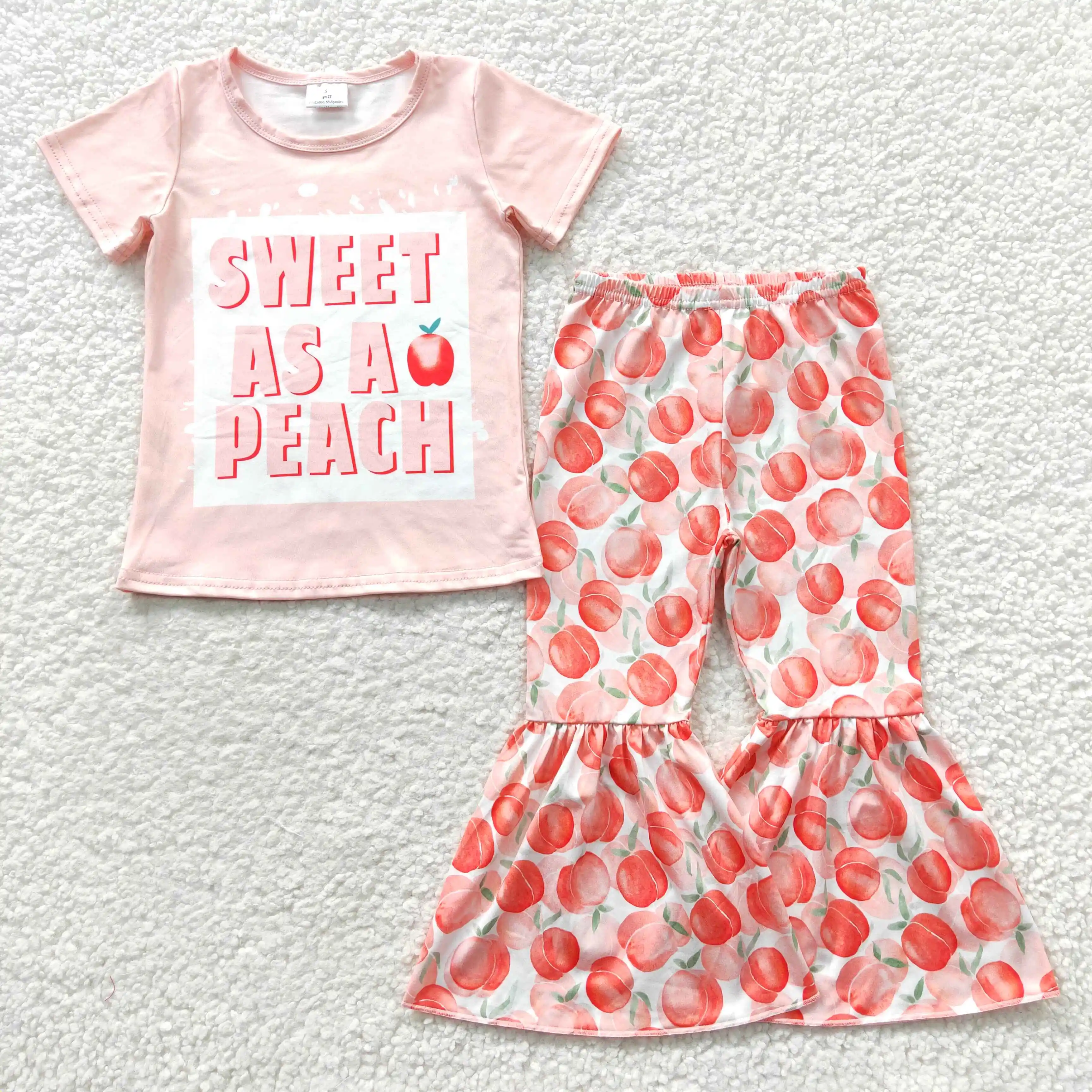 

New Design RTS Summer S​weet As A Peach Girls Set Kids Toddler Pink Outfits Toddler Boutique Bell Bottoms