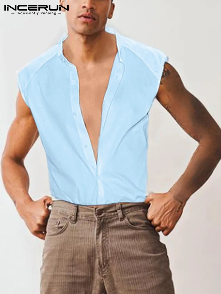 

Fashion Men Shirt Solid Color Stand Collar Sleeveless Button Men Clothing Streetwear 2022 Casual Thin Shirts Plus Size INCERUN