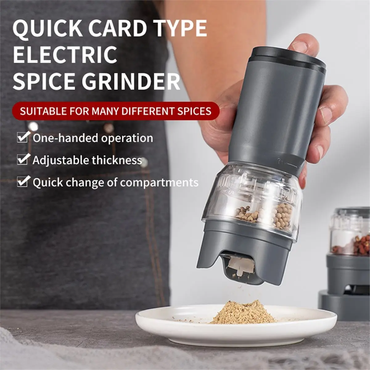 Фото Многофункциональная электрическая мельница Gongto с регулируемой степенью помола, бытовая мельница для специй, соли и перца (включая сычуаньский перец) №1
