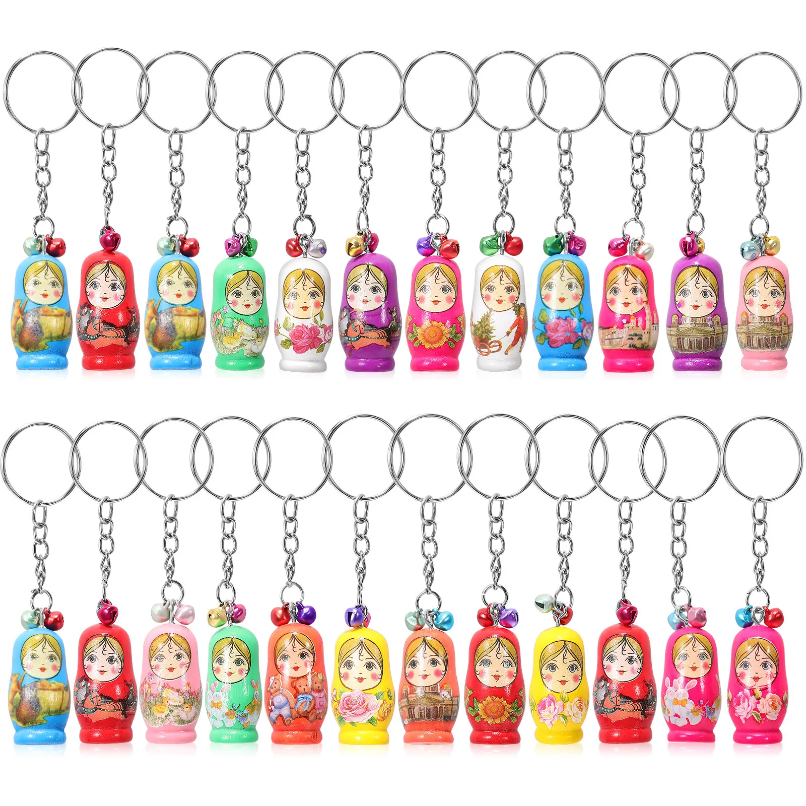 

24 Pcs Matryoshka Keychain Wooden Stacking Toys Keychains Keys Ring Holders Russian Nesting Dolls Pendant Rings