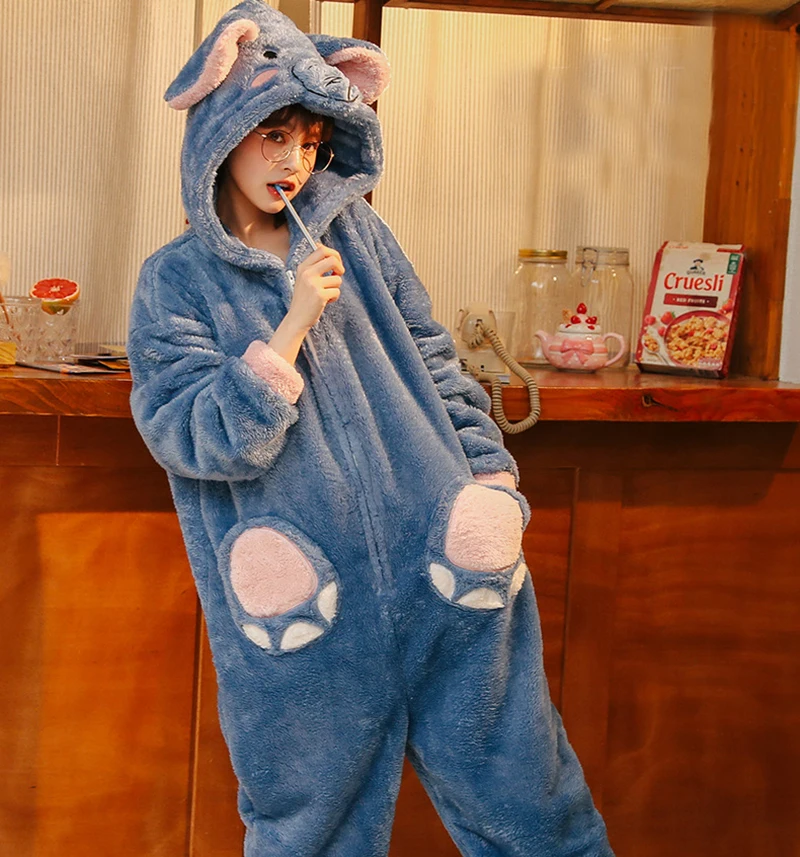 Elephant Women Onesies Animal Pajamas Kigurumi Thick Coral Velvet Loungewear Anime Cartoon Costume Halloween One-piece Jumpsuits
