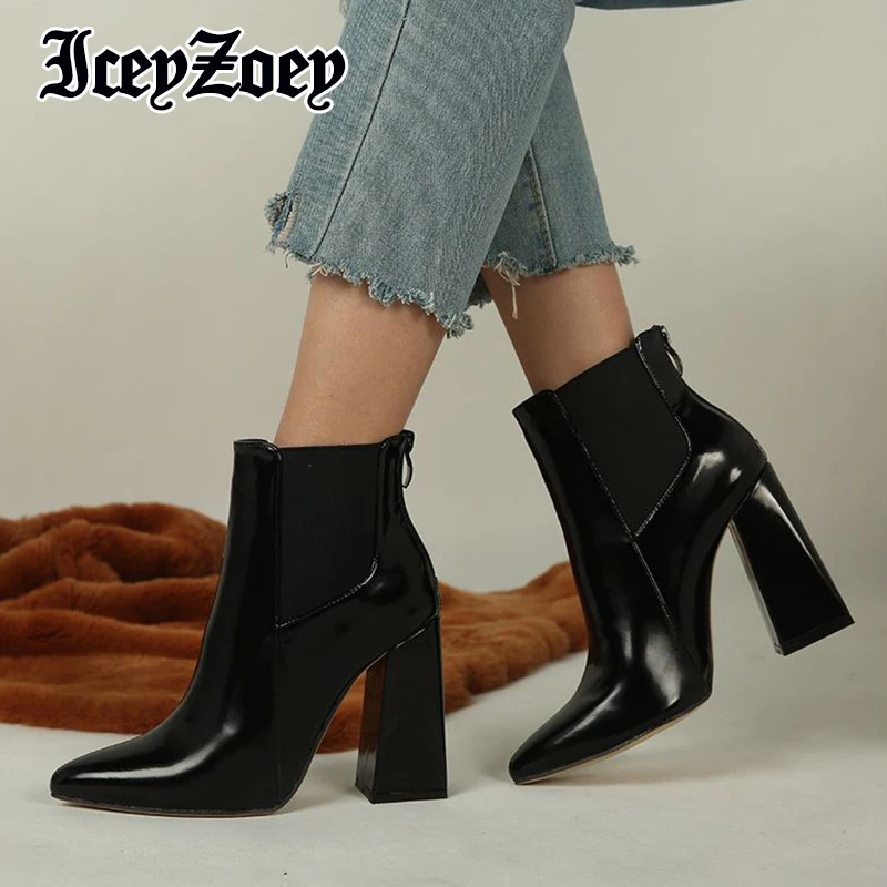 

IceyZoey 2022 Big Size 35-42 Women Ankle Shoes Pointed Toe Snake Pattern Femeal Winter Shoes Mixed Color Thick Heel Sexy Outdoor