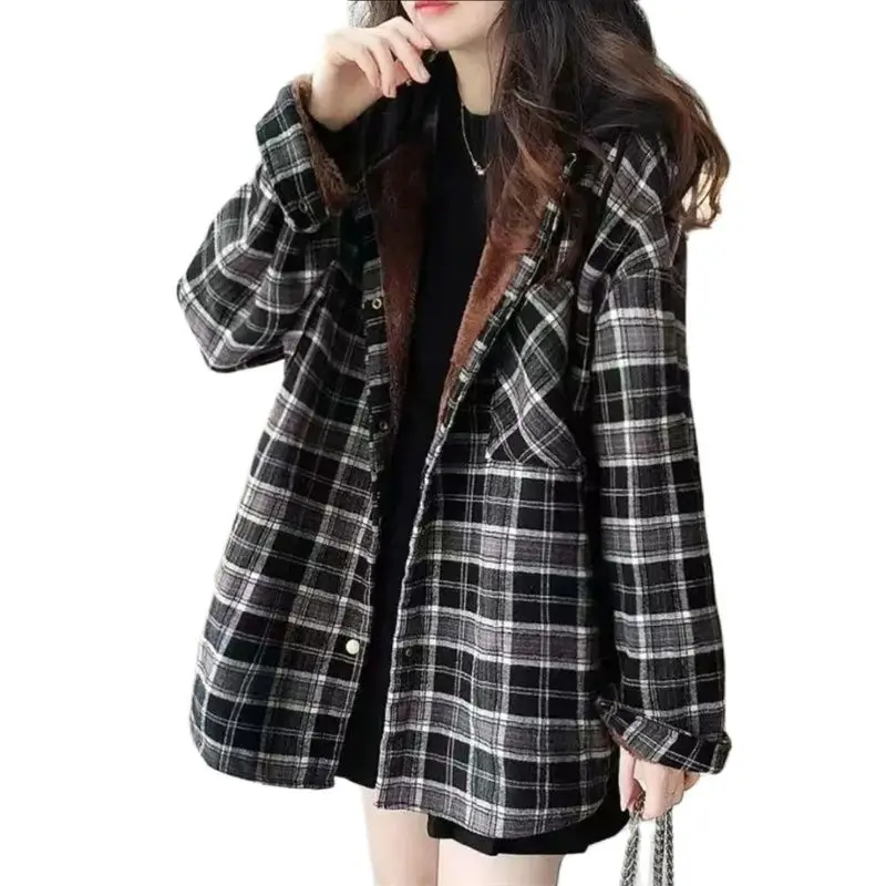 

Jacket Women's Autumn Winter Coat 2022 New Korean Mid-Length Hooded Add Velvet Thick Plaid Shirt Tops Female Outerwear All-Match