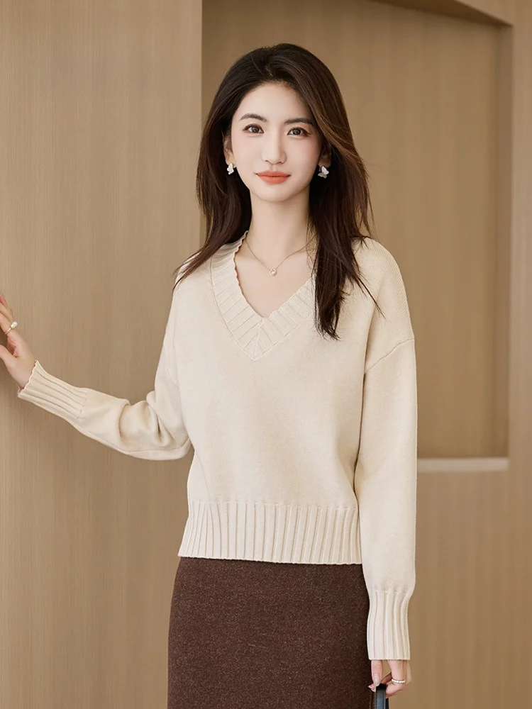 Handu Clothing House Свободный пуловер с v-образным вырезом женский свитер 2024 осень и зима