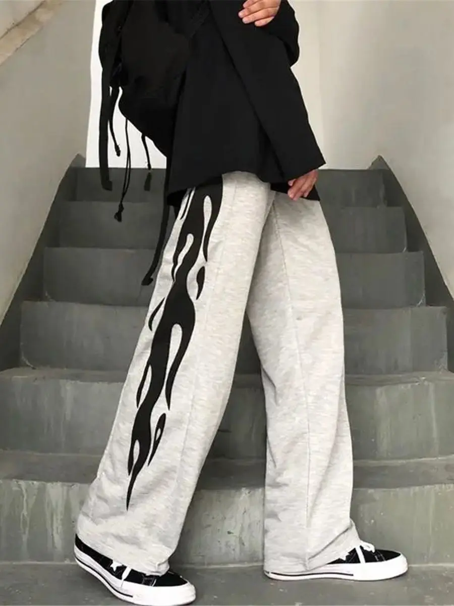 

Брюки женские в стиле оверсайз с принтом пламени, модные прямые штаны в стиле хип-хоп, для девушек, в стиле мори, летние в стиле Харадзюку