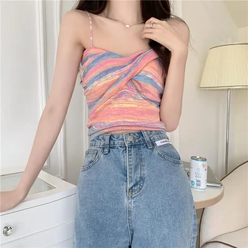 

Striped Small Suspenders Outer Wear Tank Tops Women Spring Short Spicy Sexy Bottoming Sleeveless Underwear Tops