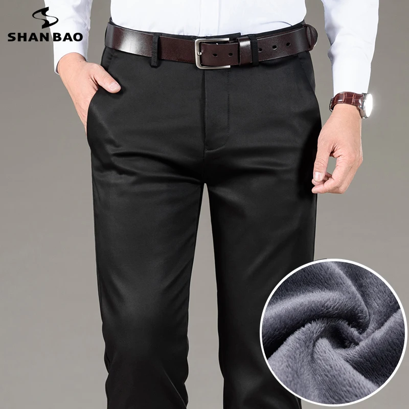 

Зимние брендовые плотные теплые эластичные брюки SHAN BAO из лиоцелла с флисовой подкладкой классические деловые повседневные Прямые брюки с высокой талией для мужчин