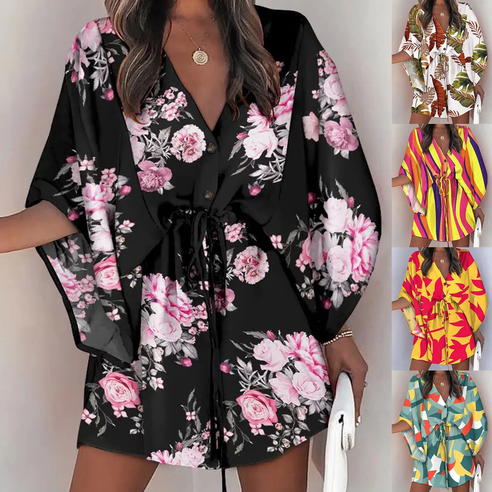 

Женский сарафан с цветочным принтом, голубое короткое платье трапециевидной формы с узлом спереди, зеленое платье с рукавами