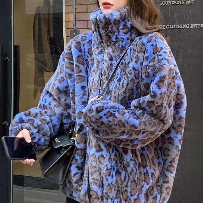 Retro  Leopard Lamb Plush Coat Women's Short Fur Autumn Winter Korean Loose Thickened Wool Coat  faux fur coat   Casual